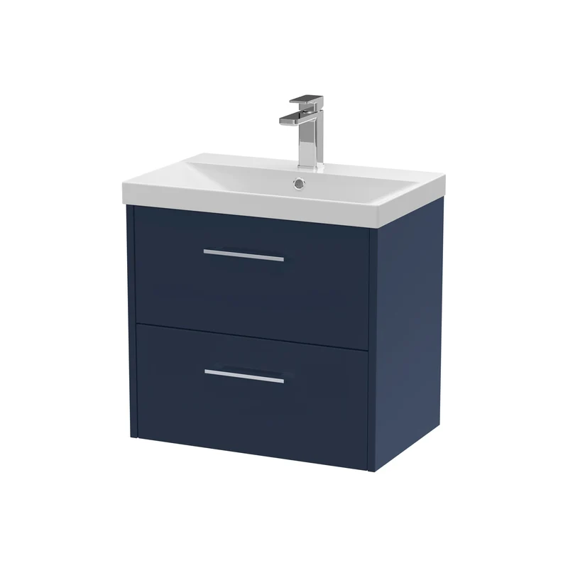 Juno 600mm Wall Hung 2 Drawer Vanity Unit & Thin Edge Ceramic Basin - Midnight Blue Matt