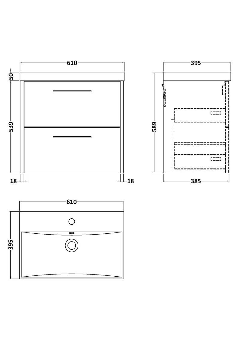 Juno 600mm Wall Hung 2 Drawer Vanity Unit & Thin Edge Ceramic Basin - Midnight Blue Matt