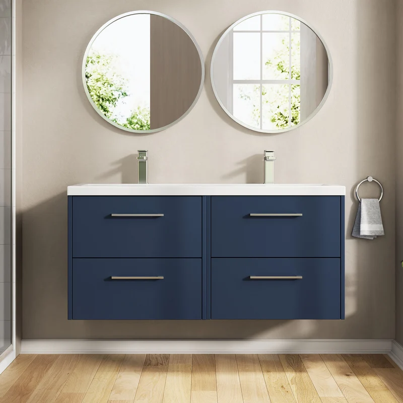Juno 1200mm Wall Hung 4 Drawer Vanity Unit & Double Ceramic Basin - Midnight Blue Matt