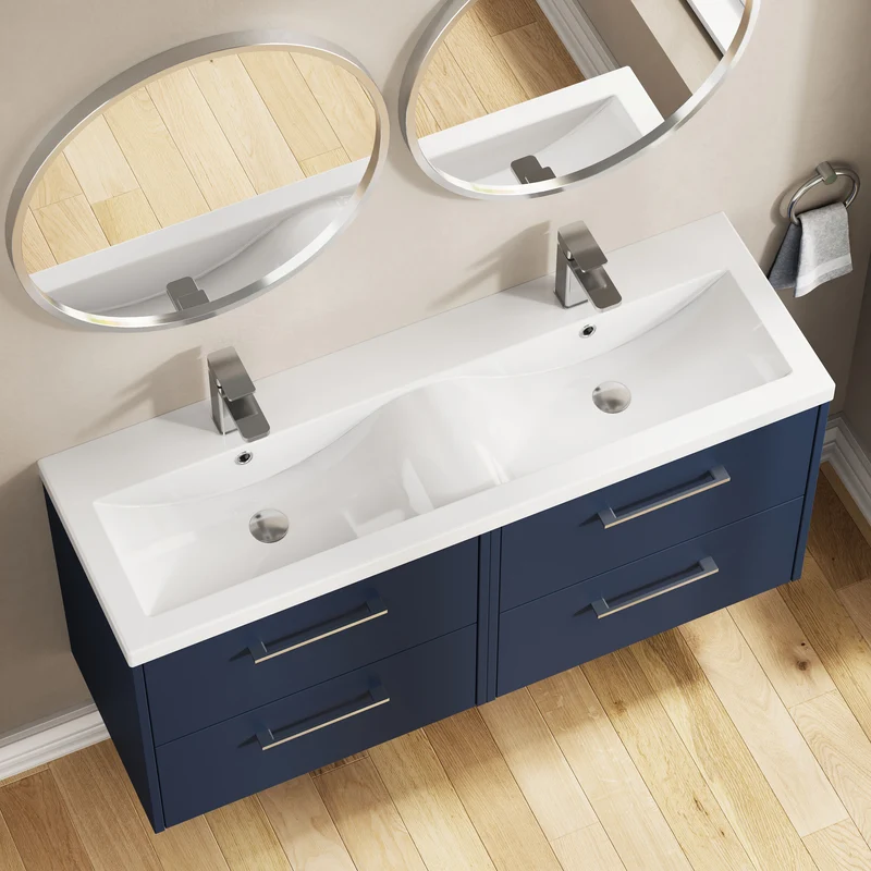 Juno 1200mm Wall Hung 4 Drawer Vanity Unit & Double Ceramic Basin - Midnight Blue Matt