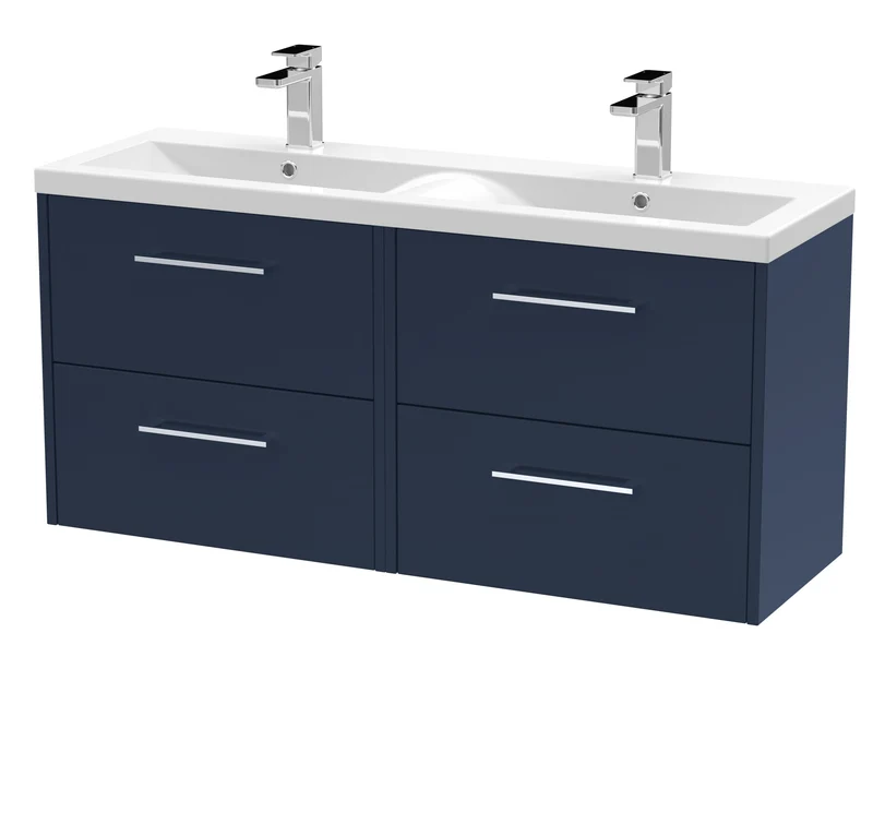 Juno 1200mm Wall Hung 4 Drawer Vanity Unit & Double Ceramic Basin - Midnight Blue Matt