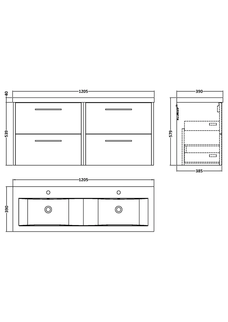 Juno 1200mm Wall Hung 4 Drawer Vanity Unit & Double Ceramic Basin - Midnight Blue Matt