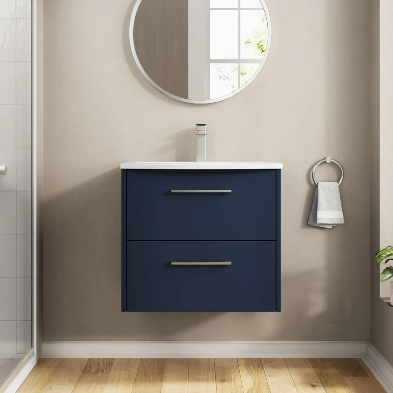 Juno 600mm Wall Hung 2 Drawer Vanity Unit & Curved Ceramic Basin - Midnight Blue Matt