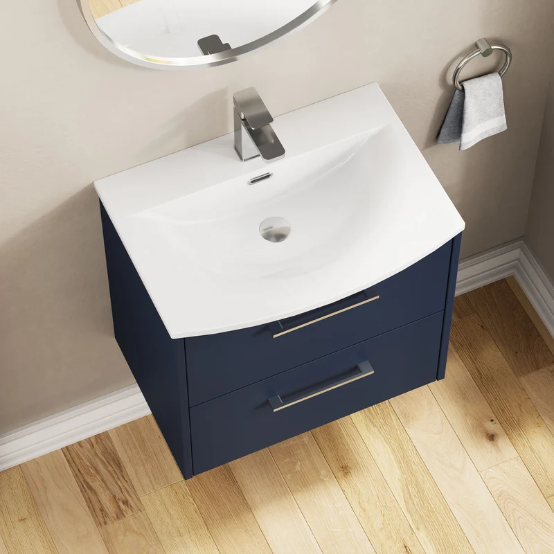 Juno 600mm Wall Hung 2 Drawer Vanity Unit & Curved Ceramic Basin - Midnight Blue Matt