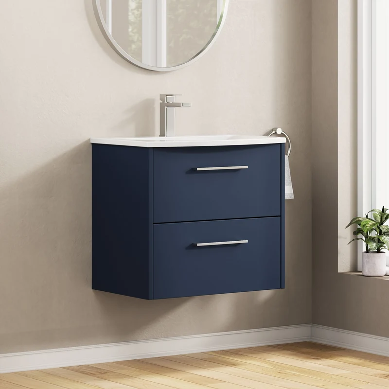 Juno 600mm Wall Hung 2 Drawer Vanity Unit & Curved Ceramic Basin - Midnight Blue Matt