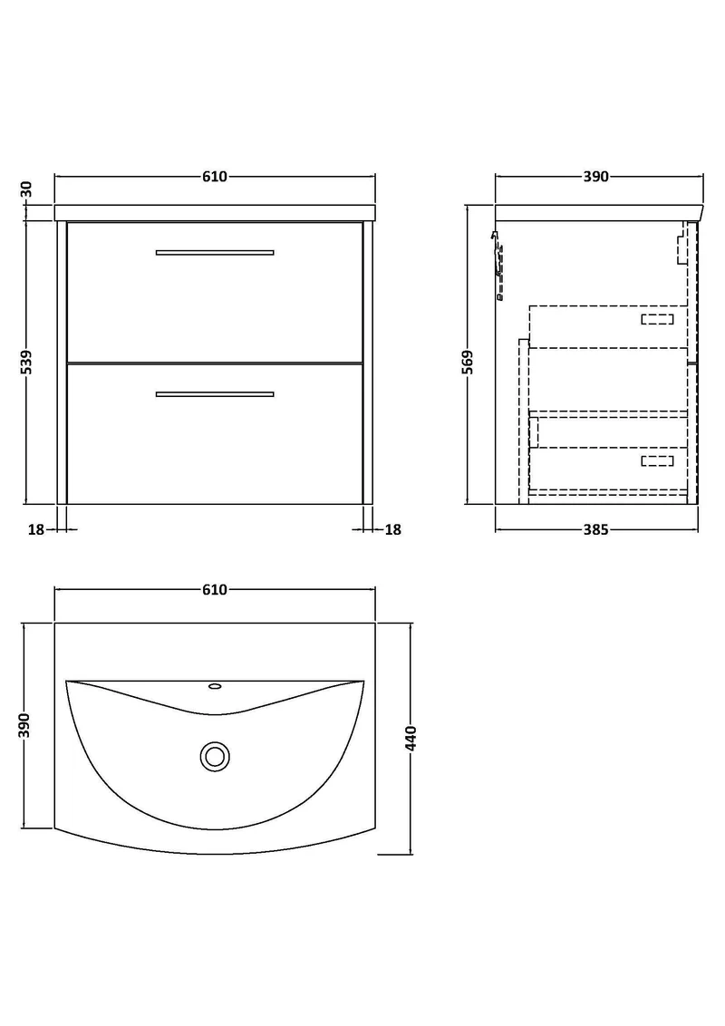 Juno 600mm Wall Hung 2 Drawer Vanity Unit & Curved Ceramic Basin - Midnight Blue Matt