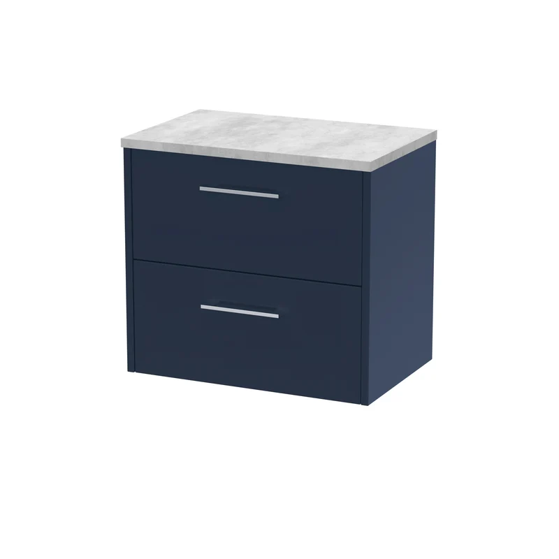 Juno 600mm Wall Hung 2 Drawer Vanity Unit & Bellato Grey Laminate Worktop - Midnight Blue Matt