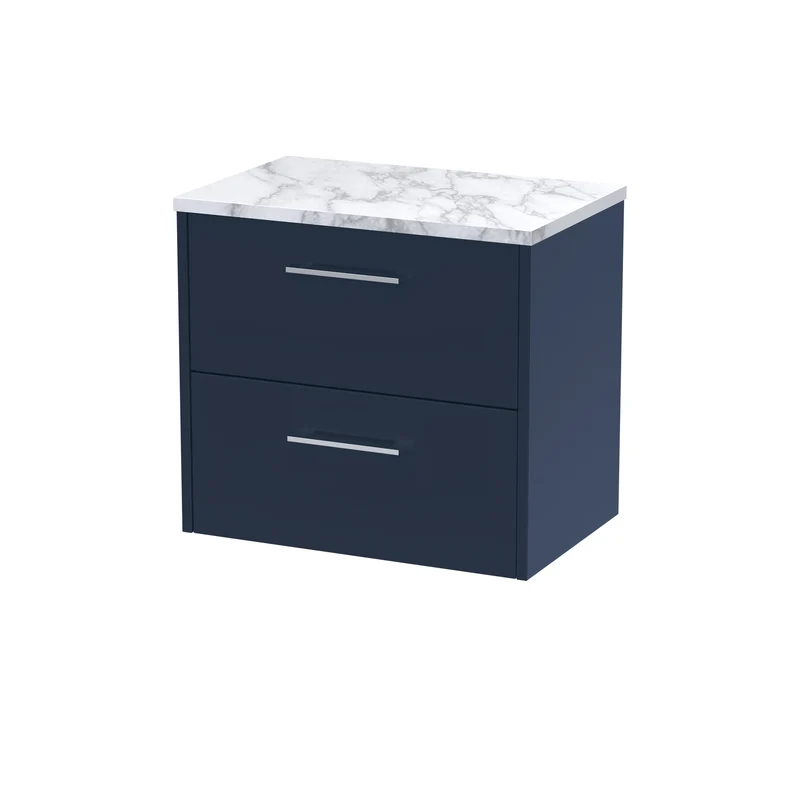 Juno 600mm Wall Hung 2 Drawer Vanity Unit & Carrera Marble Laminate Worktop - Midnight Blue Matt