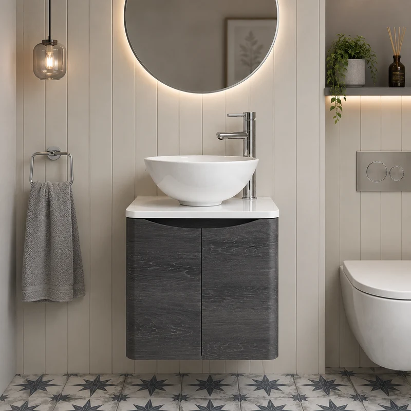 Baltimore 500mm Wall Mounted Vanity Unit Pack includes Bowl & Tap - Graphite Oak