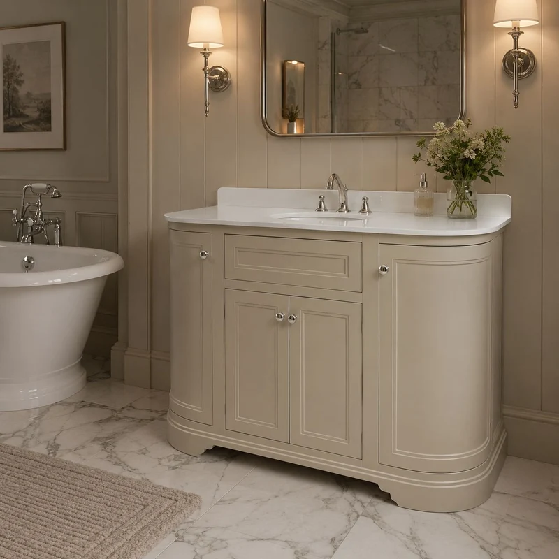 Kingsbury Classic Curved 1200mm Floor Standing Vanity Unit, Marble Worktop & Ceramic Basin - Sand