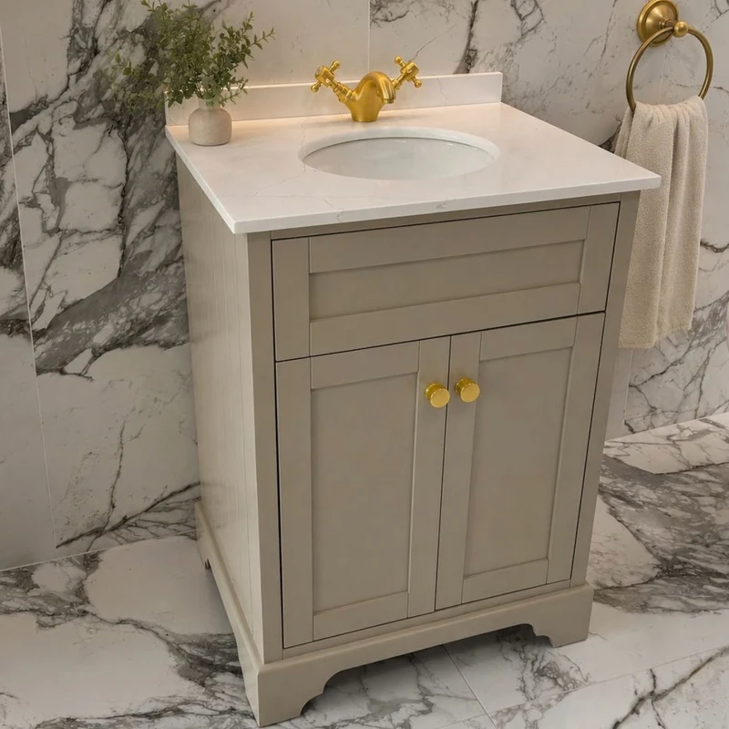 Kingsbury 600mm Traditional Floor Standing Vanity Unit With Marble Top And Undermount Bowl - Sand