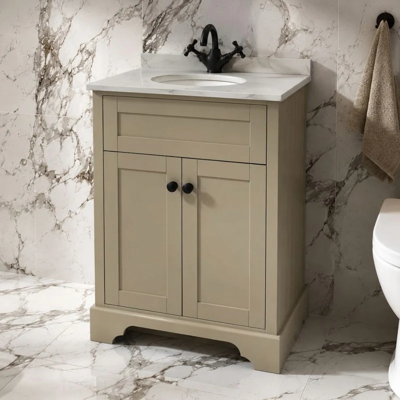 Kingsbury 600mm Traditional Floor Standing Vanity Unit With Marble Top And Undermount Bowl - Sand