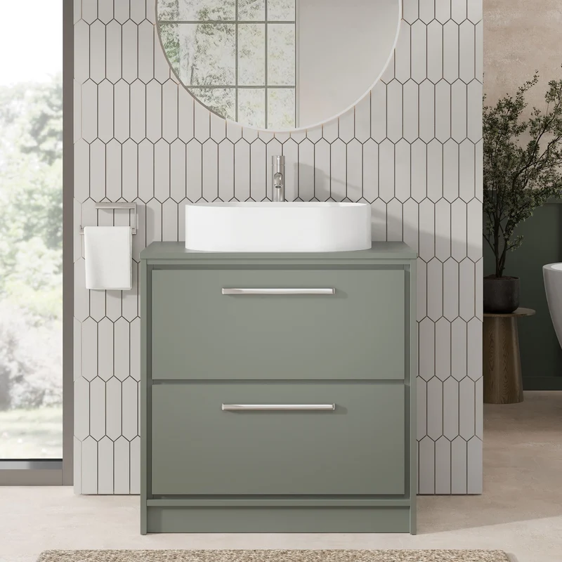 Lille 800mm Floor Standing 2 Drawer Vanity Unit & Worktop - Fern Green Matt