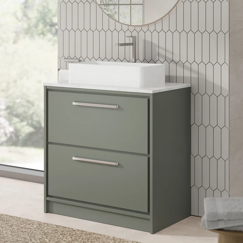 Lille 800mm Floor Standing 2 Drawer Vanity Unit & White Marble Worktop - Fern Green Matt