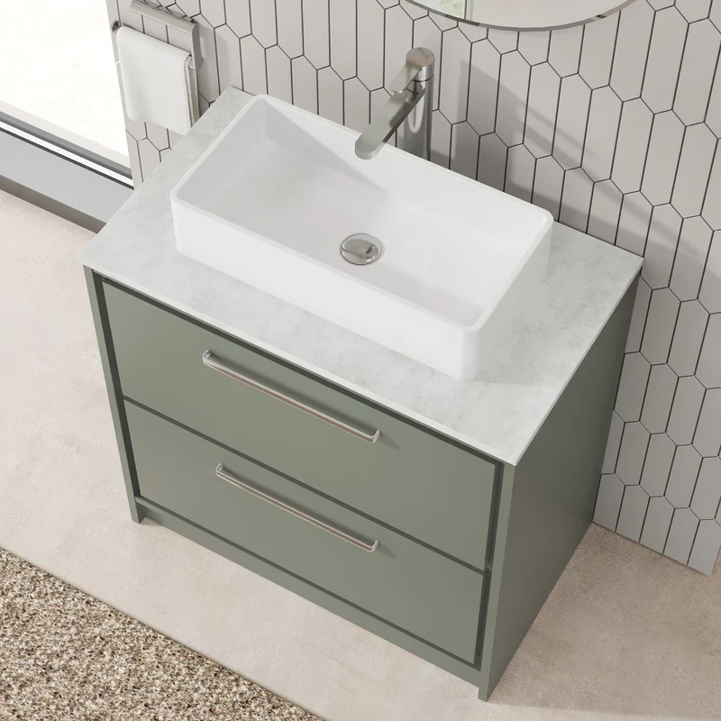 Lille 800mm Floor Standing 2 Drawer Vanity Unit & White Marble Worktop - Fern Green Matt