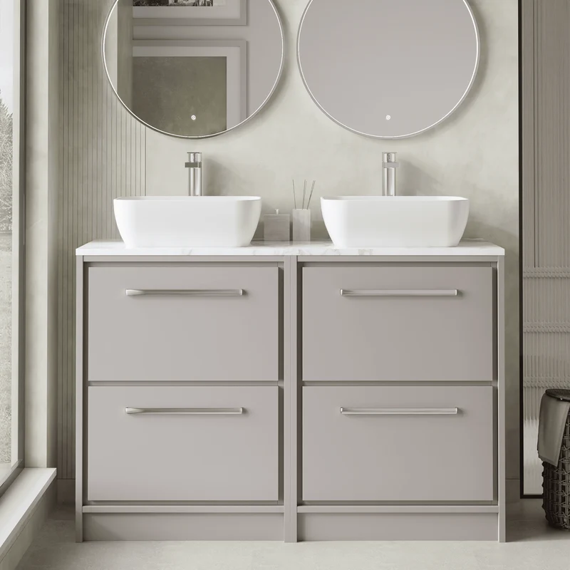 Lille 1200mm Floor Standing 4 Drawer Vanity Unit & Carrera Marble Worktop - Pebble Grey Matt
