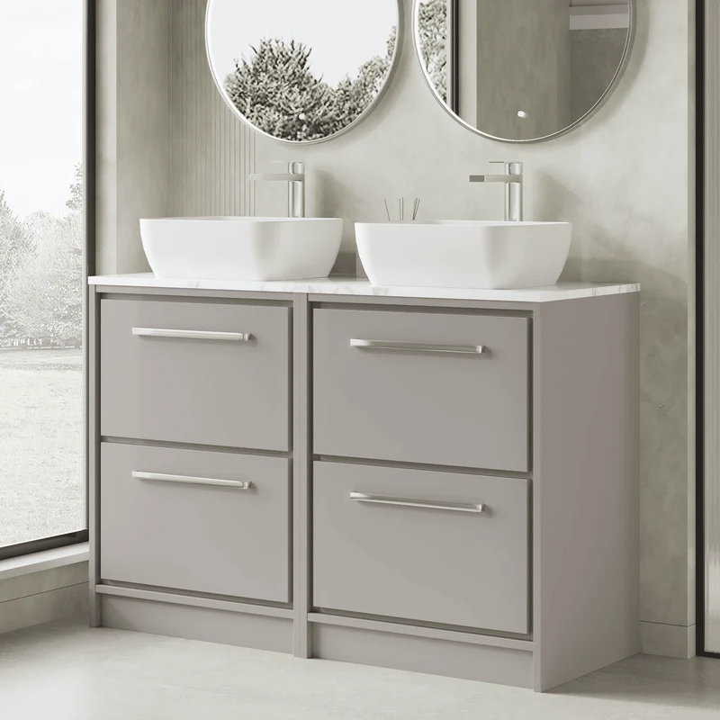 Lille 1200mm Floor Standing 4 Drawer Vanity Unit & Carrera Marble Worktop - Pebble Grey Matt