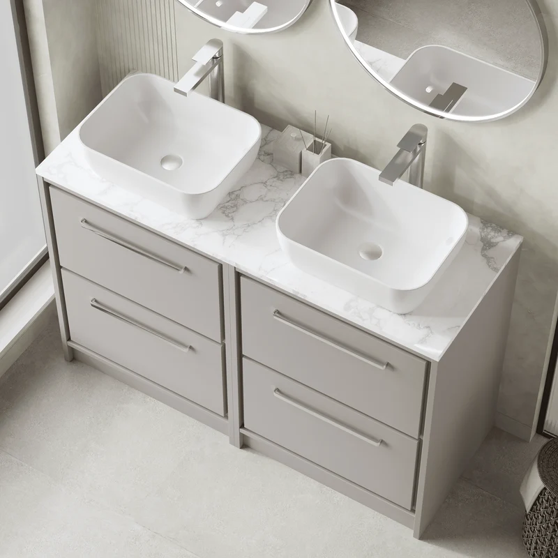Lille 1200mm Floor Standing 4 Drawer Vanity Unit & Carrera Marble Worktop - Pebble Grey Matt