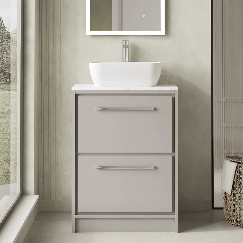 Lille 600mm Floor Standing 2 Drawer Vanity Unit & Carrera Marble Worktop - Pebble Grey Matt
