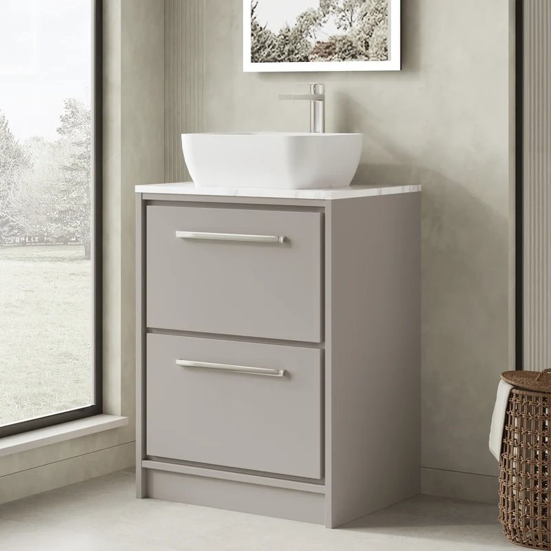 Lille 600mm Floor Standing 2 Drawer Vanity Unit & Carrera Marble Worktop - Pebble Grey Matt