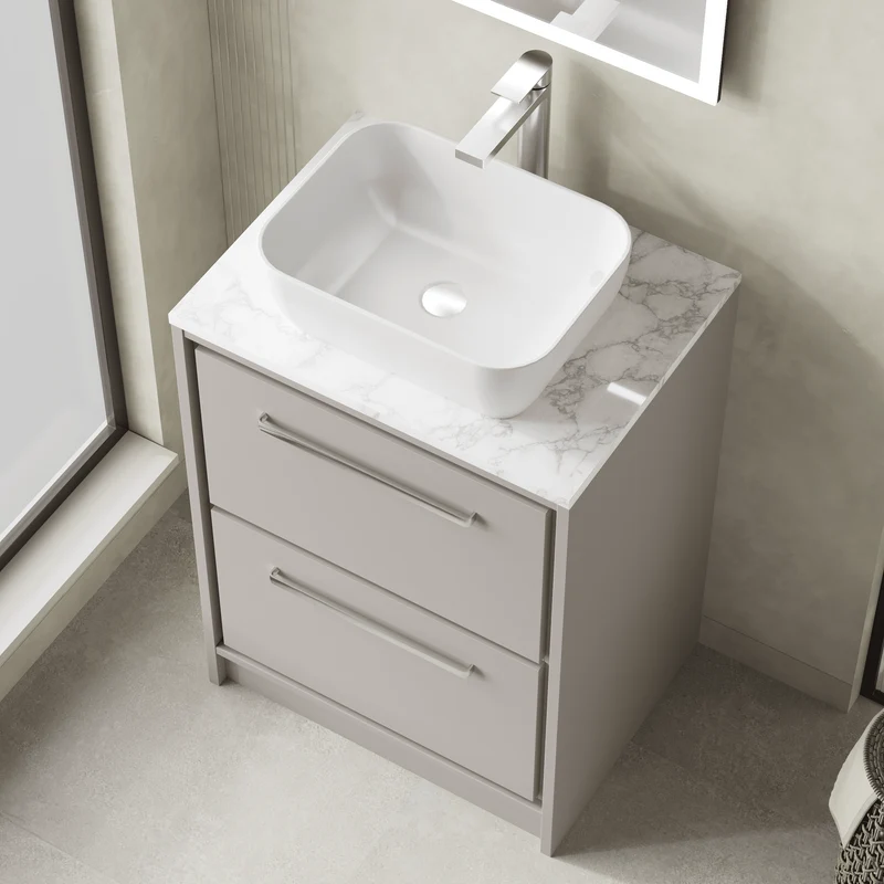 Lille 600mm Floor Standing 2 Drawer Vanity Unit & Carrera Marble Worktop - Pebble Grey Matt