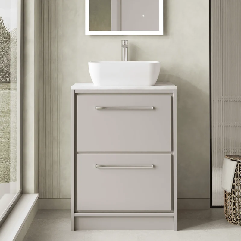 Lille 600mm Floor Standing 2 Drawer Vanity Unit & Grey Marble Worktop - Pebble Grey Matt