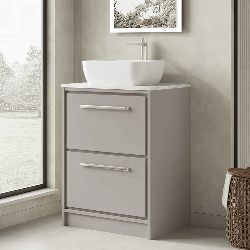 Lille 600mm Floor Standing 2 Drawer Vanity Unit & Grey Marble Worktop - Pebble Grey Matt