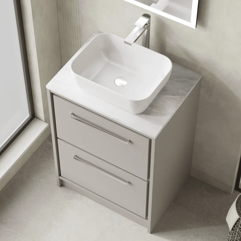 Lille 600mm Floor Standing 2 Drawer Vanity Unit & Grey Marble Worktop - Pebble Grey Matt