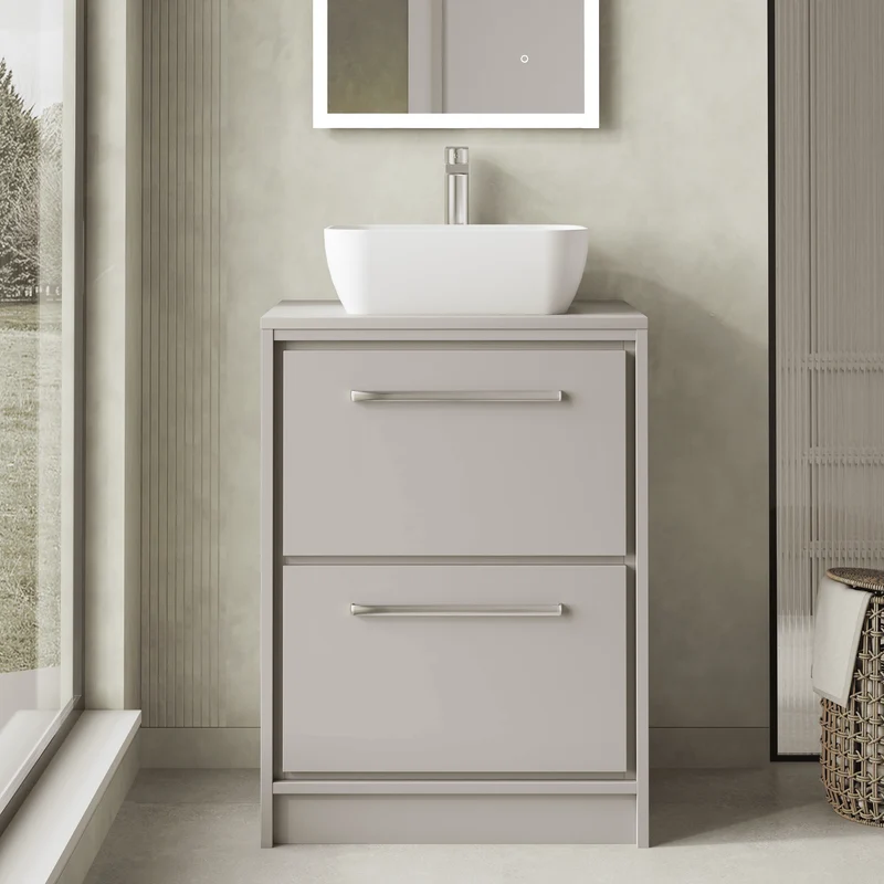 Lille 600mm Floor Standing 2 Drawer Vanity Unit & Worktop - Pebble Grey Matt