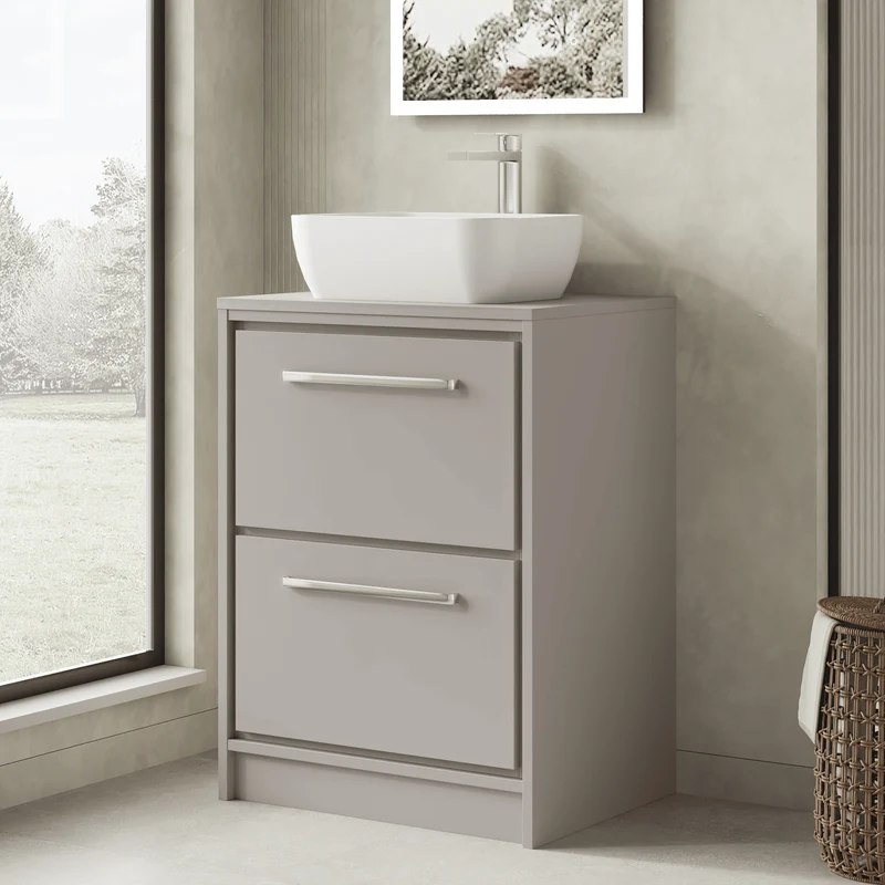 Lille 600mm Floor Standing 2 Drawer Vanity Unit & Worktop - Pebble Grey Matt