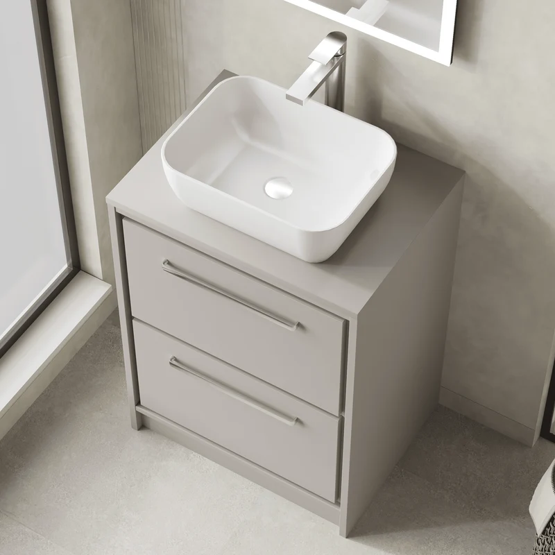 Lille 600mm Floor Standing 2 Drawer Vanity Unit & Worktop - Pebble Grey Matt