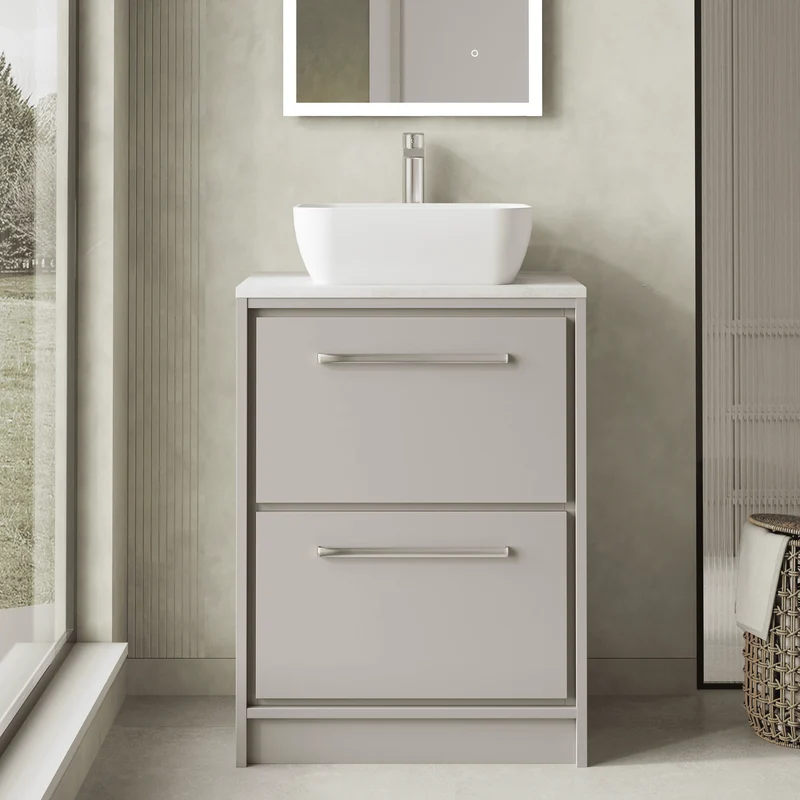 Lille 600mm Floor Standing 2 Drawer Vanity Unit & White Marble Worktop - Pebble Grey Matt