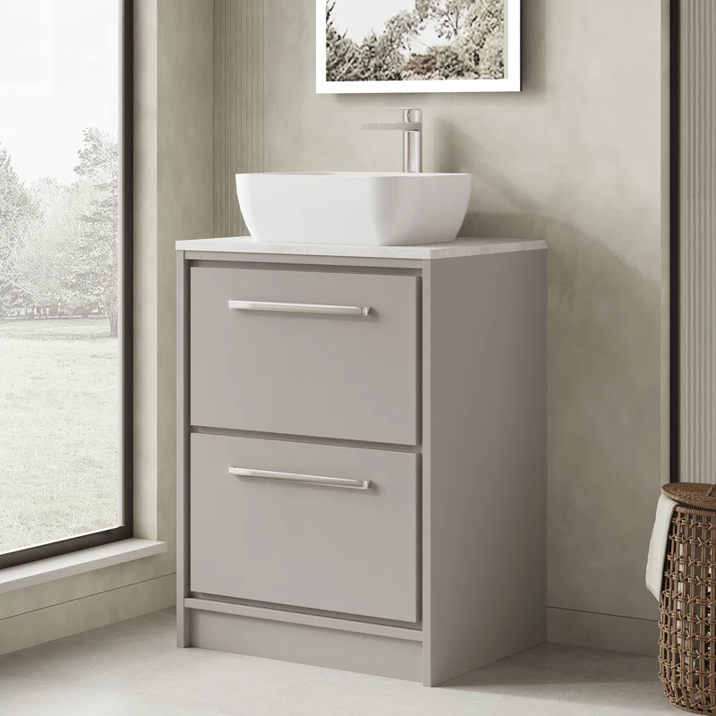 Lille 600mm Floor Standing 2 Drawer Vanity Unit & White Marble Worktop - Pebble Grey Matt