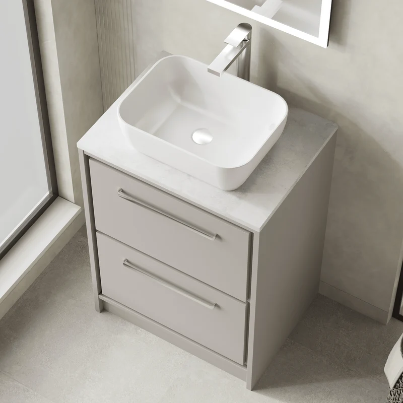 Lille 600mm Floor Standing 2 Drawer Vanity Unit & White Marble Worktop - Pebble Grey Matt