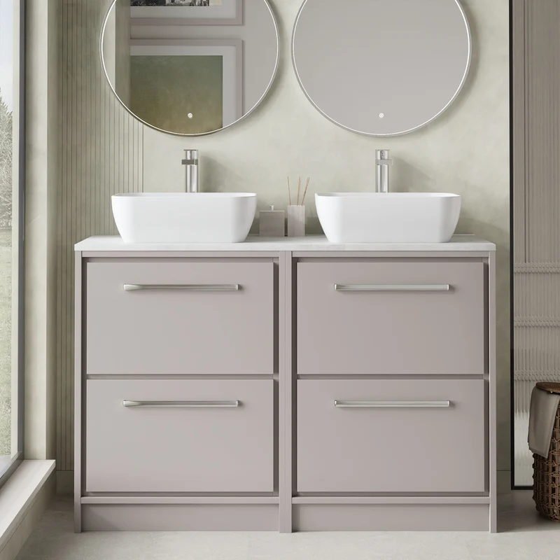 Lille 1200mm Floor Standing 4 Drawer Vanity Unit & White Marble Worktop - Pebble Grey Matt