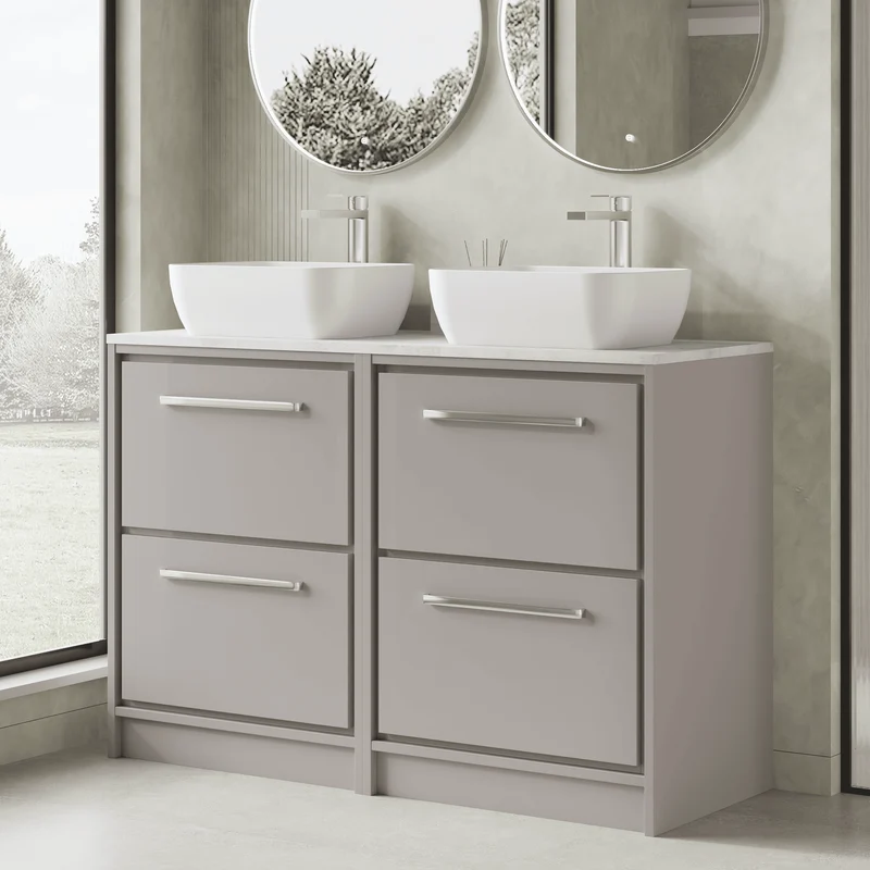 Lille 1200mm Floor Standing 4 Drawer Vanity Unit & White Marble Worktop - Pebble Grey Matt