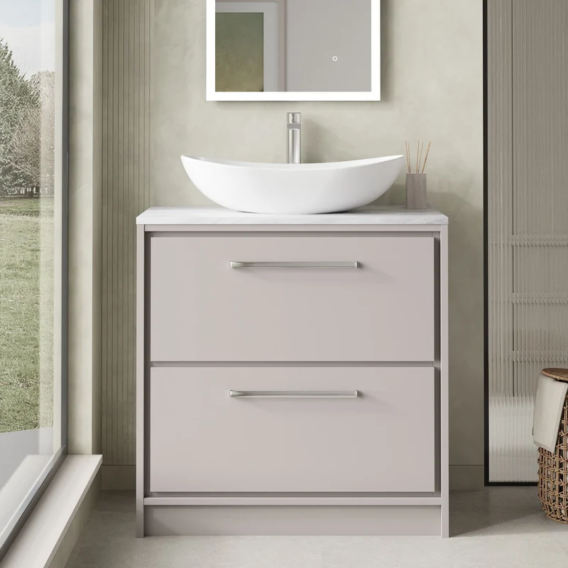 Lille 800mm Floor Standing 2 Drawer Vanity Unit & Grey Marble Worktop - Pebble Grey Matt