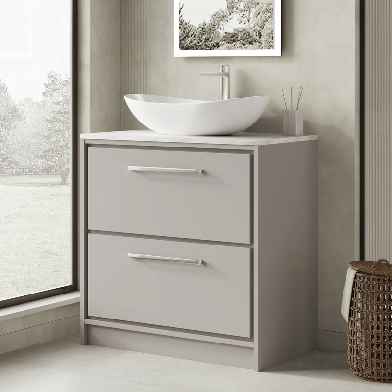 Lille 800mm Floor Standing 2 Drawer Vanity Unit & Grey Marble Worktop - Pebble Grey Matt