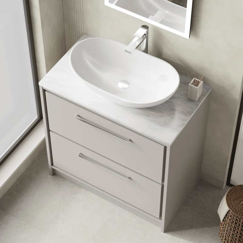 Lille 800mm Floor Standing 2 Drawer Vanity Unit & Grey Marble Worktop - Pebble Grey Matt