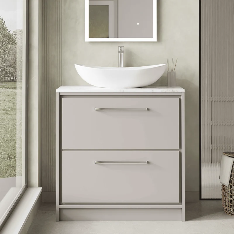 Lille 800mm Floor Standing 2 Drawer Vanity Unit & Carrera Marble Worktop - Pebble Grey Matt