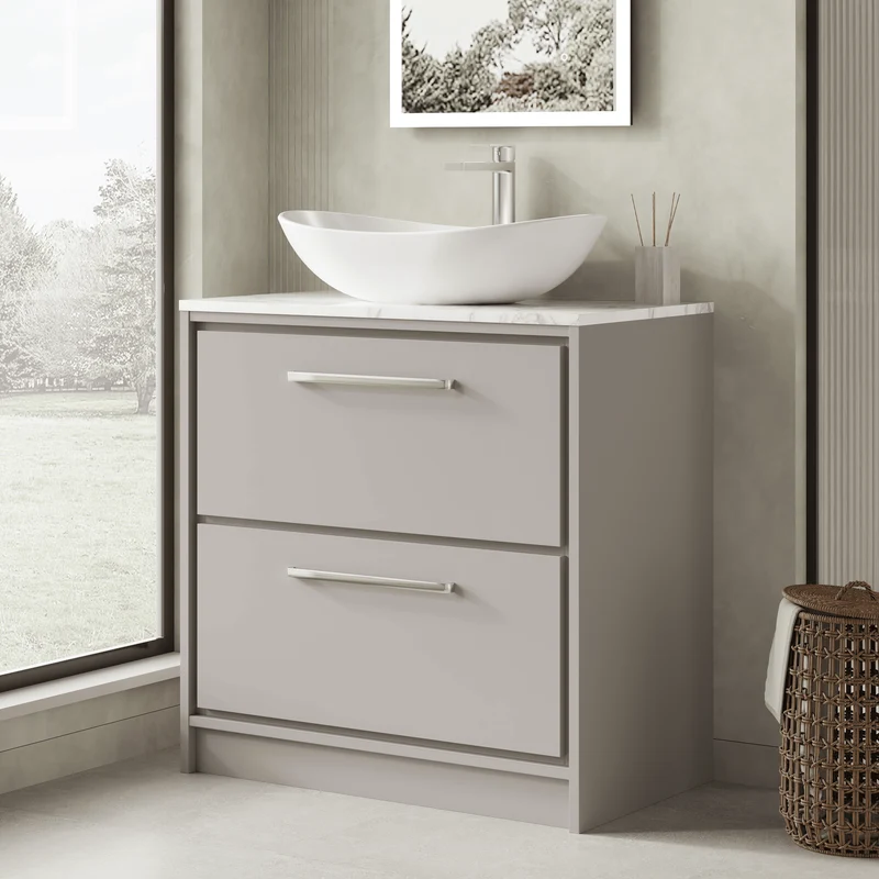 Lille 800mm Floor Standing 2 Drawer Vanity Unit & Carrera Marble Worktop - Pebble Grey Matt
