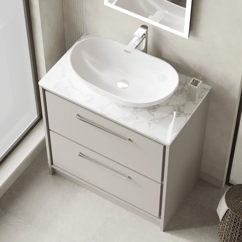 Lille 800mm Floor Standing 2 Drawer Vanity Unit & Carrera Marble Worktop - Pebble Grey Matt
