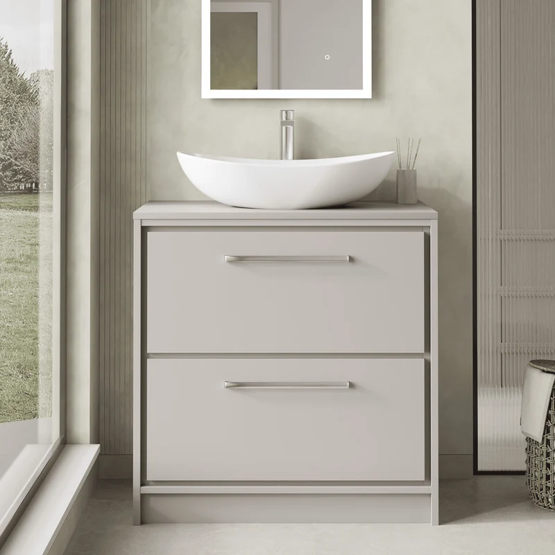 Lille 800mm Floor Standing 2 Drawer Vanity Unit & Worktop - Pebble Grey Matt