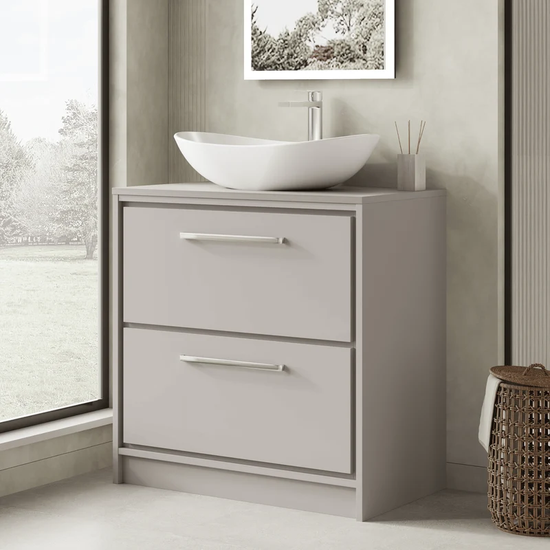 Lille 800mm Floor Standing 2 Drawer Vanity Unit & Worktop - Pebble Grey Matt