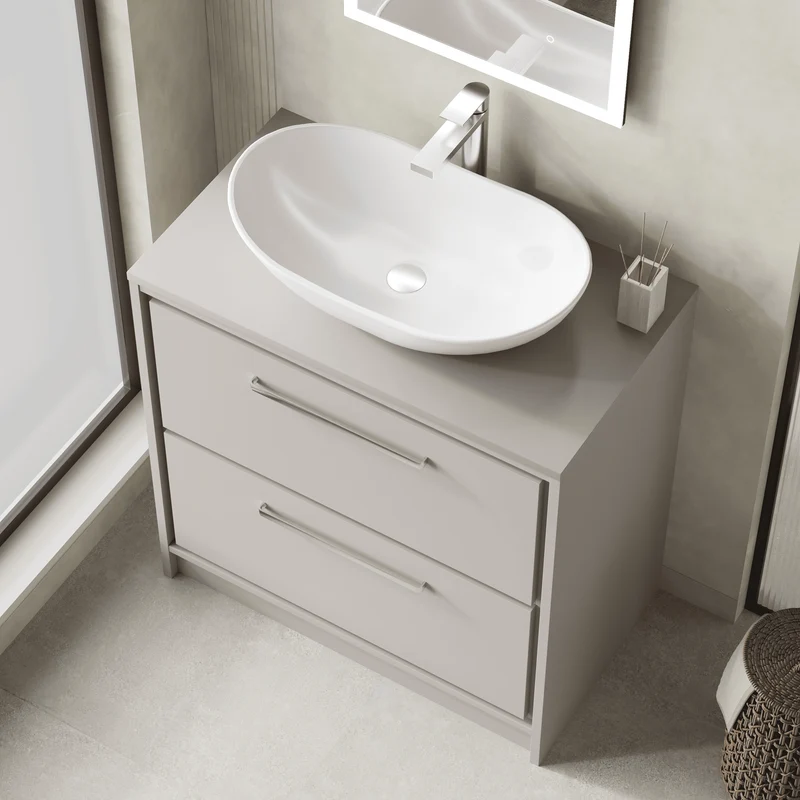 Lille 800mm Floor Standing 2 Drawer Vanity Unit & Worktop - Pebble Grey Matt