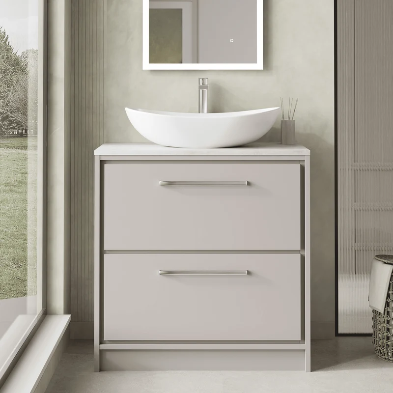 Lille 800mm Floor Standing 2 Drawer Vanity Unit & White Marble Worktop - Pebble Grey Matt