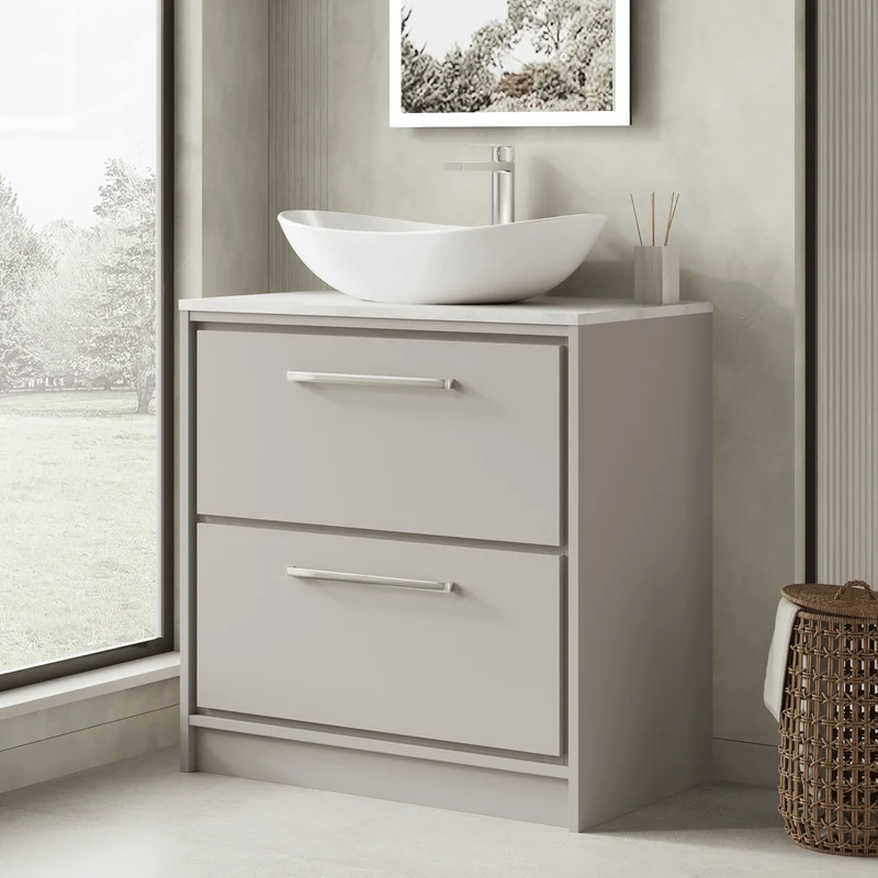 Lille 800mm Floor Standing 2 Drawer Vanity Unit & White Marble Worktop - Pebble Grey Matt