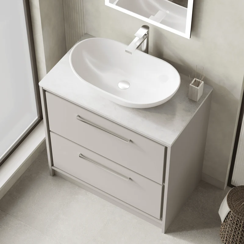 Lille 800mm Floor Standing 2 Drawer Vanity Unit & White Marble Worktop - Pebble Grey Matt