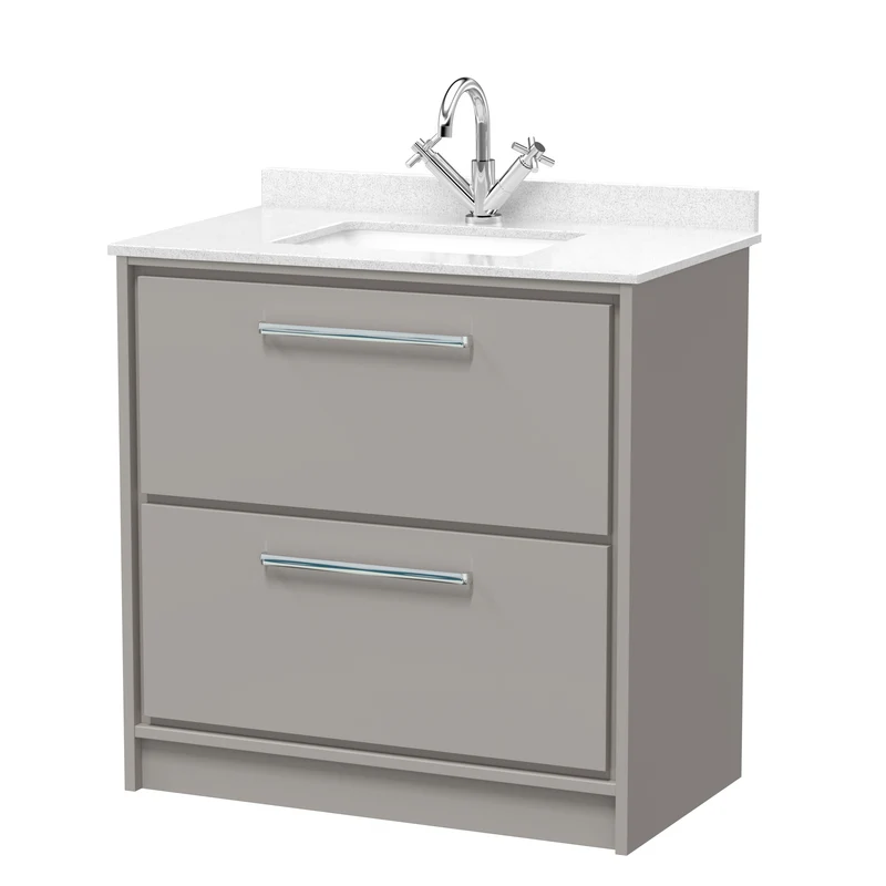 Lille 800mm Floor Standing 2 Drawer Vanity Unit & White Marble Worktop & Ceramic Bowl - Pebble Grey Matt
