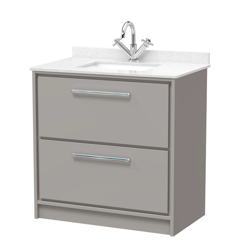 Lille 800mm Floor Standing 2 Drawer Vanity Unit & White Marble Worktop & Ceramic Bowl - Pebble Grey Matt
